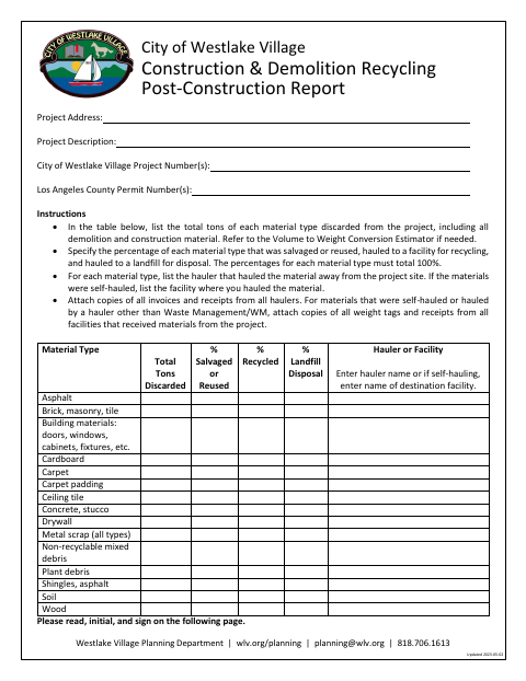First page of the Construction & Demolition Recycling Post-Construction Report