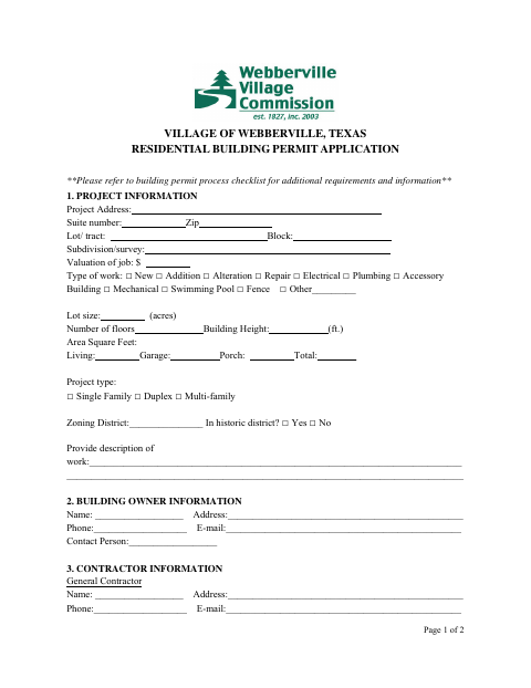 First page of the Residential Building Permit Application