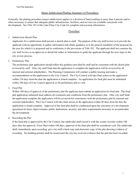 First page of the Major Subdivision Final Plat Application