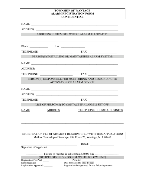 First page of the Alarm Registration Form
