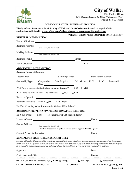 First page of the Home Occupation License Application
