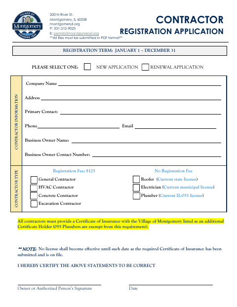 First page of the Contractor Registration Application