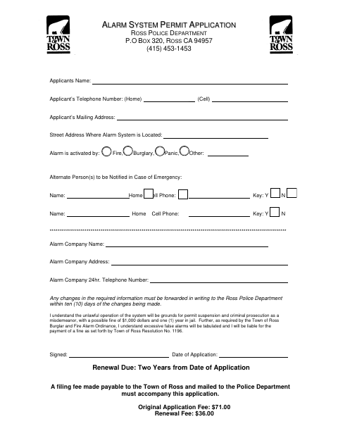 First page of the Alarm System Permit Application