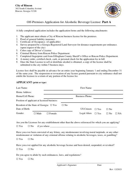 First page of the Off-Premises Alcoholic Beverage License Application