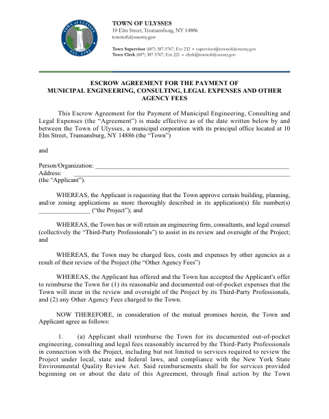First page of the Escrow Agreement for Municipal Project Review Expenses