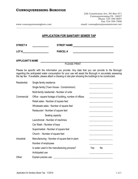 First page of the Application for Sanitary Sewer Tap