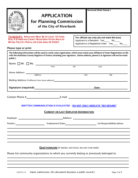 First page of the Planning Commission Application