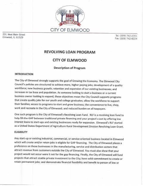 First page of the Revolving Loan Assistance Program Application