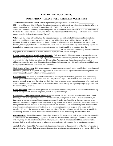 First page of the Indemnity and Hold Harmless Agreement (Parade Permit)