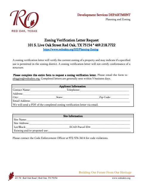 First page of the Zoning Verification Letter Request