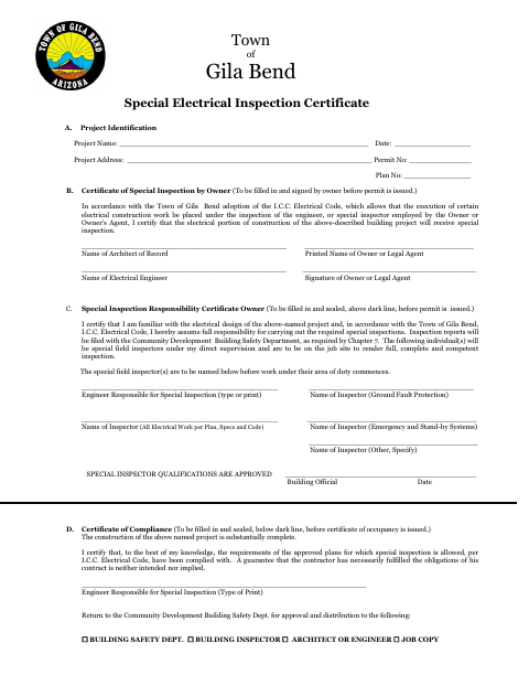 First page of the Special Electrical Inspection Certificate