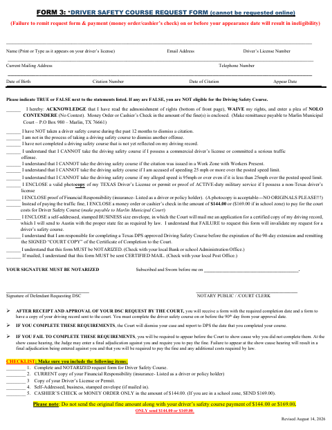 First page of the Driver Safety Course Request Form