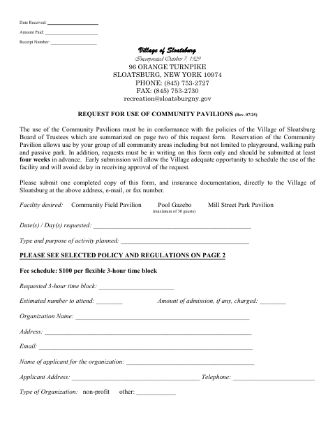 First page of the Request for Use of Community Pavilions
