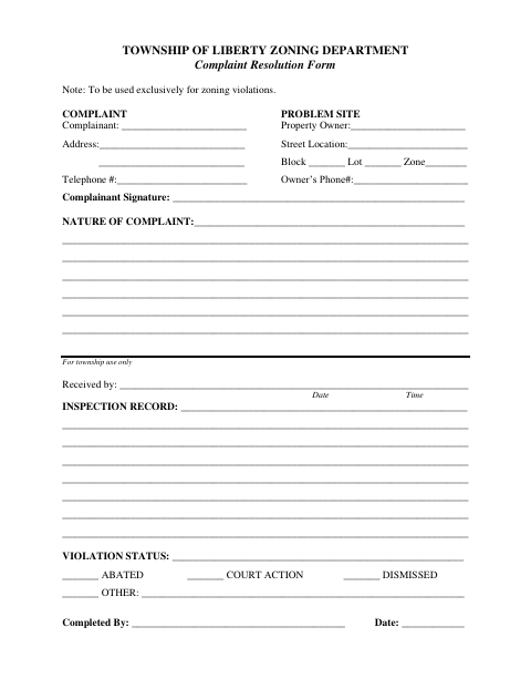 First page of the Complaint Resolution Form