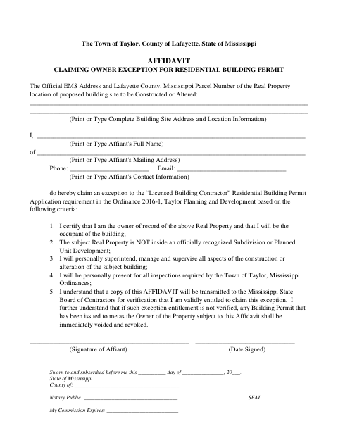 First page of the Owner Exception for Residential Building Permit Affidavit