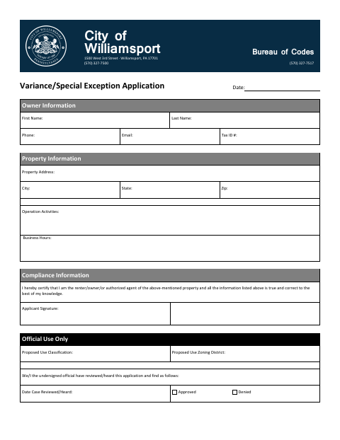 First page of the Variance/Special Exception Application