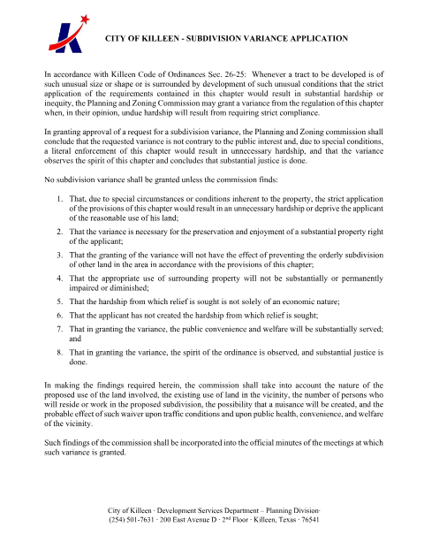 First page of the Subdivision Variance Application