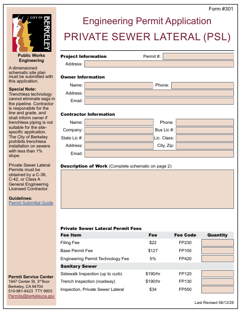 First page of the Engineering Permit Application Private Sewer Lateral