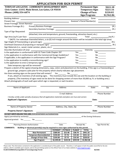 First page of the Application for Sign Permit