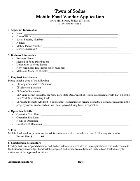 First page of the Mobile Food Vendor Application