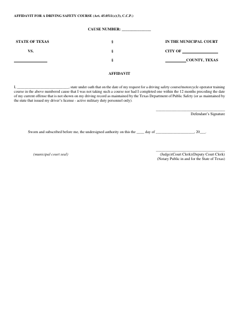 First page of the Affidavit for a Driving Safety Course
