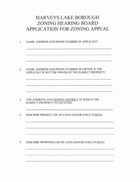 First page of the Zoning Hearing Board Appeal Application