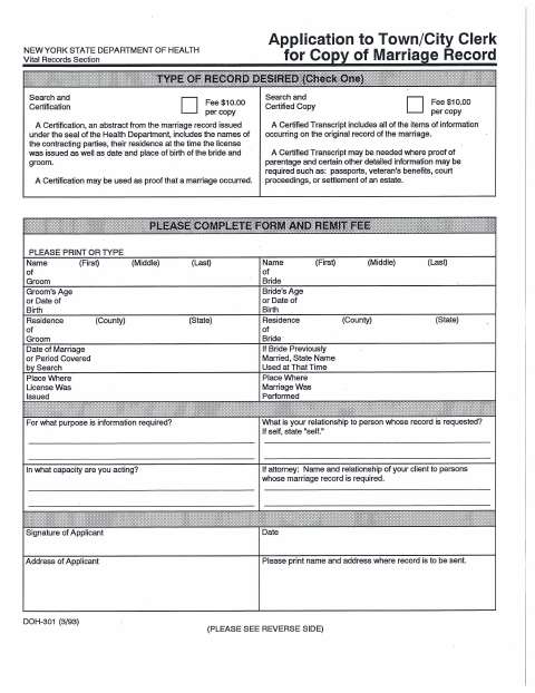 First page of the Application for Copy of Marriage Record