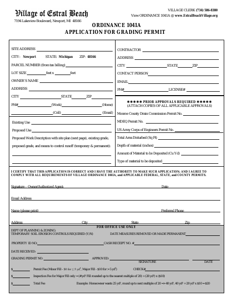 First page of the Application for Grading Permit
