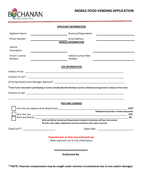First page of the Mobile Food Vending Application