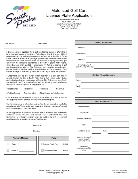 First page of the Motorized Golf Cart License Plate Application