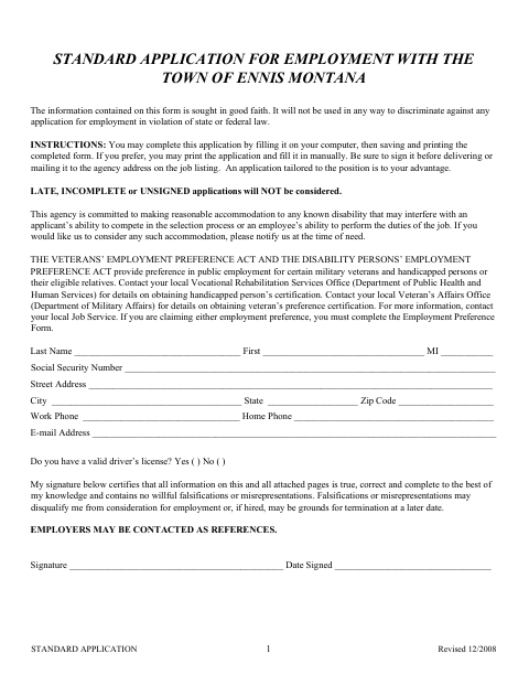 First page of the Town Employment Application
