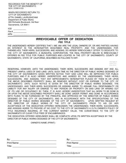 First page of the Irrevocable Offer of Dedication Fee Title