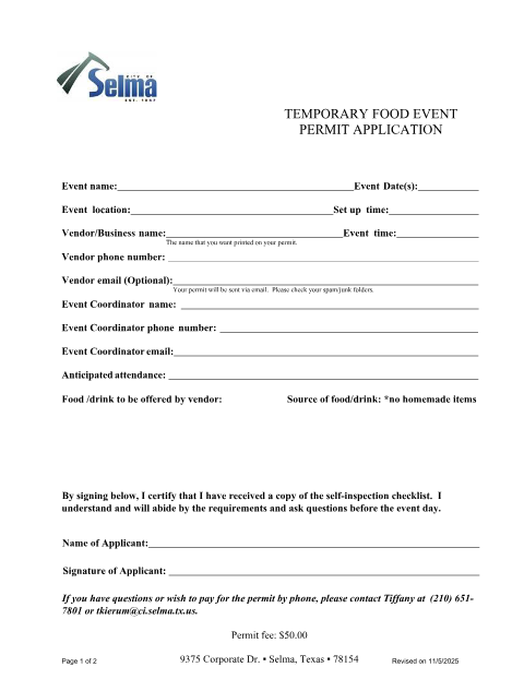 First page of the Temporary Food Event Permit Application