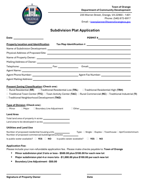 First page of the Subdivision Plat Application
