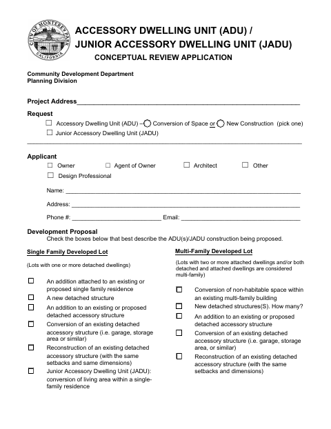 First page of the ADU/JADU Conceptual Review Application
