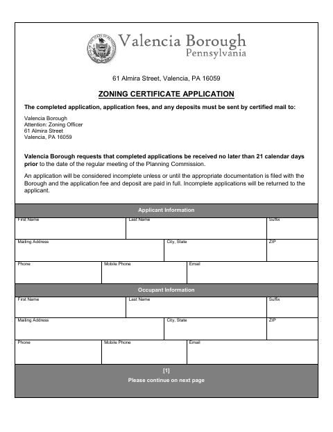 First page of the Zoning Certificate Application