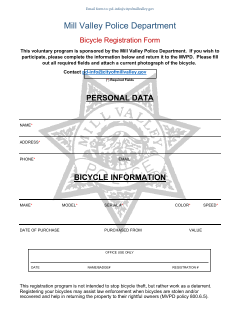 First page of the Bicycle Registration Form