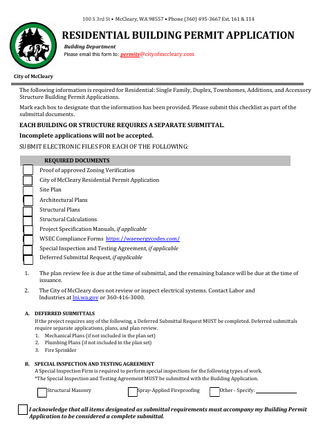 First page of the Residential Building Permit Application