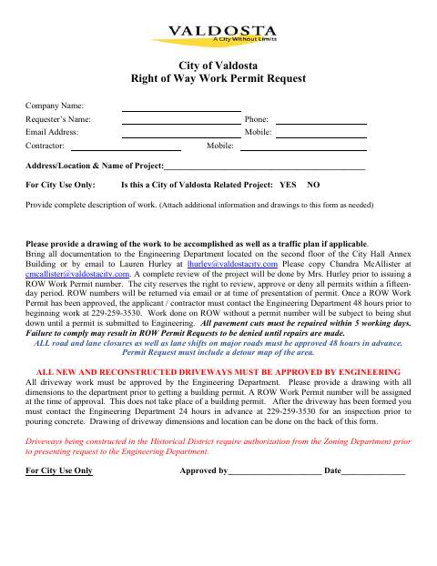 First page of the Right of Way Work Permit Request