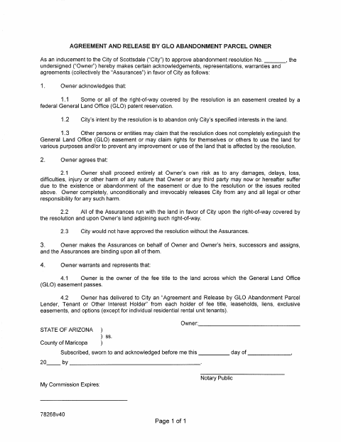 First page of the Agreement and Release by GLO Abandonment Parcel Owner
