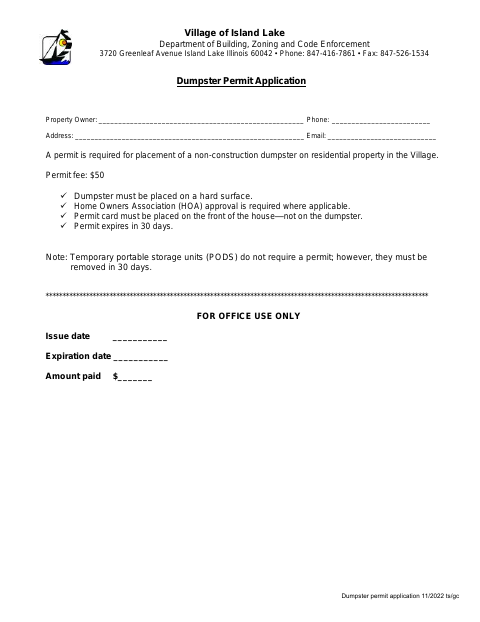 First page of the Dumpster Permit Application