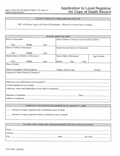 First page of the Application to Local Registrar for Copy of Death Record