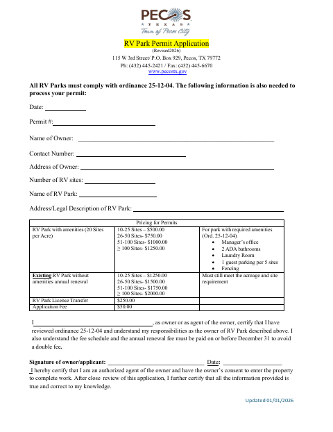 First page of the RV Park Permit Application