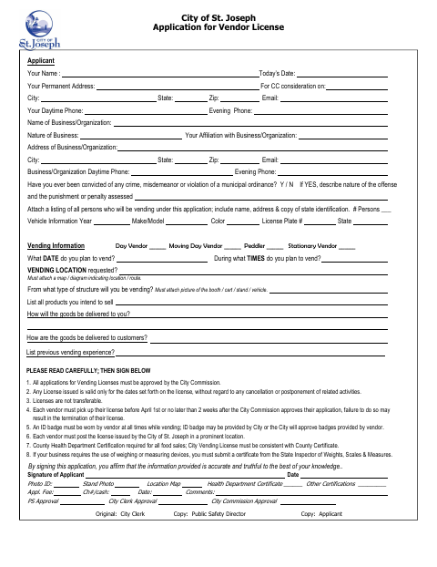 First page of the Application for Vendor License