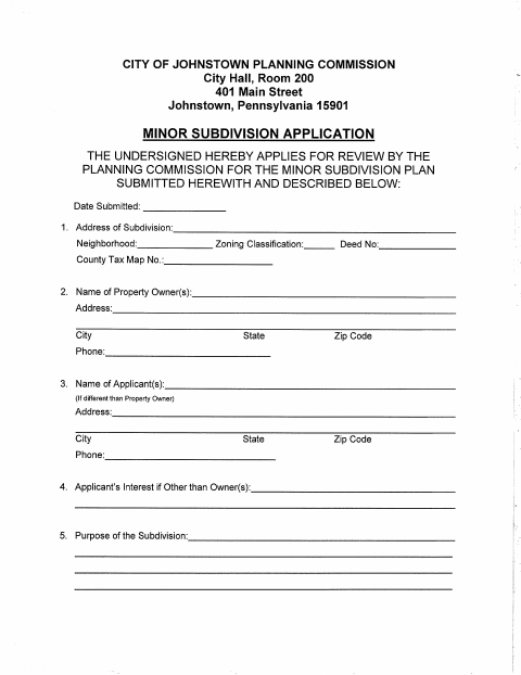 First page of the Minor Subdivision Application