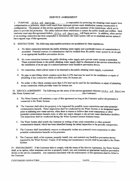 First page of the Service Agreement