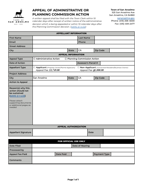 First page of the Appeal of Administrative or Planning Commission Action