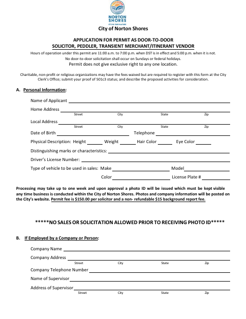 First page of the Application for Permit as Door-to-Door Solicitor, Peddler, Transient Merchant, or Itinerant Vendor