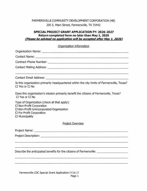 First page of the Special Project Grant Application