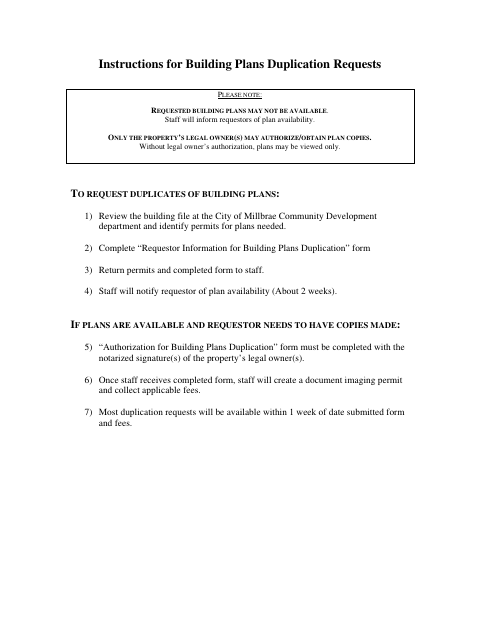 First page of the Authorization for Building Plans Duplication